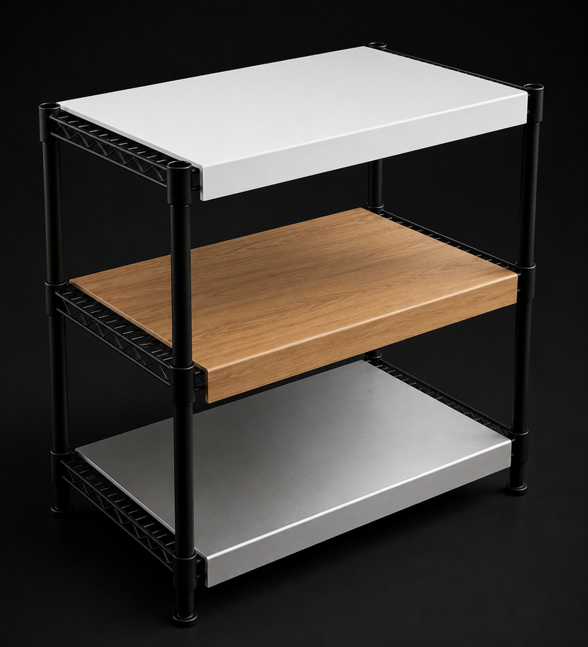 Three shelf covers in white, wood, and steel finishes on a wire rack